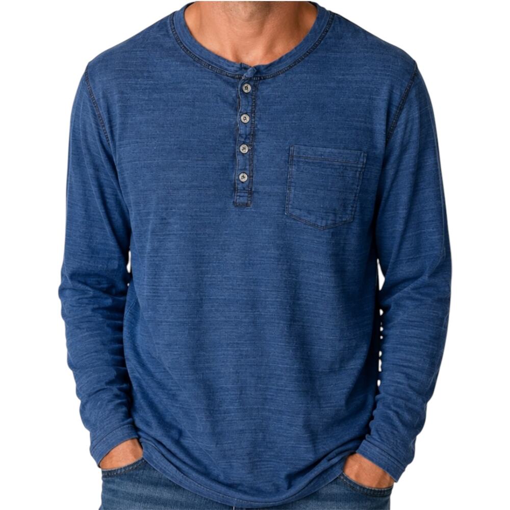 Carbon2Cobalt Watermark Henley Long Sleeve Top Chest Pocket Indigo Blue XLarge